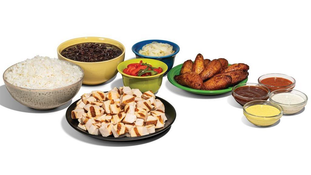 Tropichop® Bar For 4 Bundle · Just like the classic TropiChop® everyone loves, but to share! Chopped grilled chicken breast with a choice of rice, beans, choice of two toppings, and sliced avocado, with four 1 oz. sauces of your choice plus a large Caesar Salad or a large side of sweet plantains to make a group of four happy!