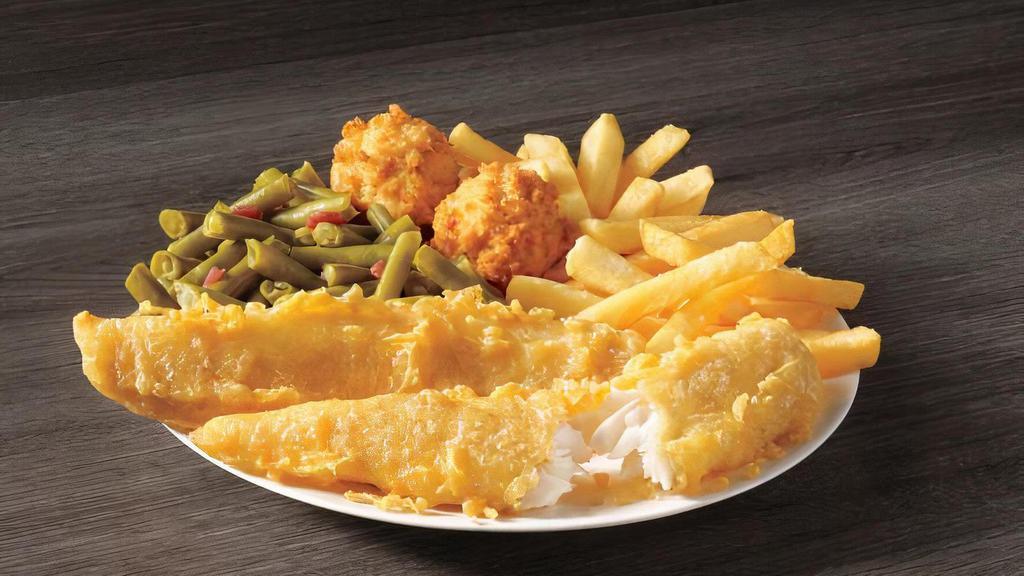 2 Piece Batter Dipped Fish Meal · Two of our famous batter dipped fish fillets, golden on the outside tender on the inside. Served with your choice of two sides and hush puppies.