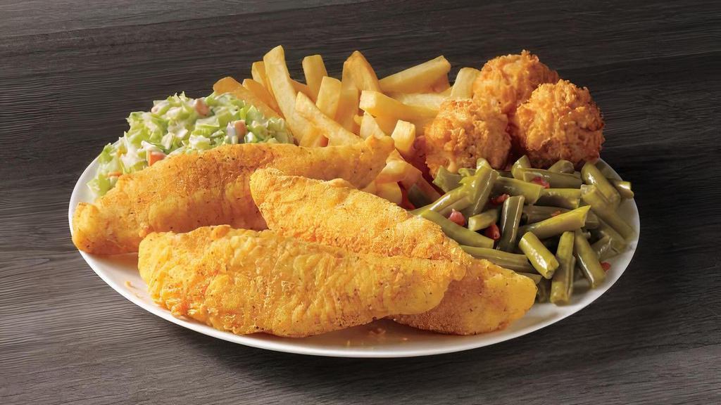 Catfish Feast · Hand-breaded catfish fillets served with your choice of three sides and hush puppies.