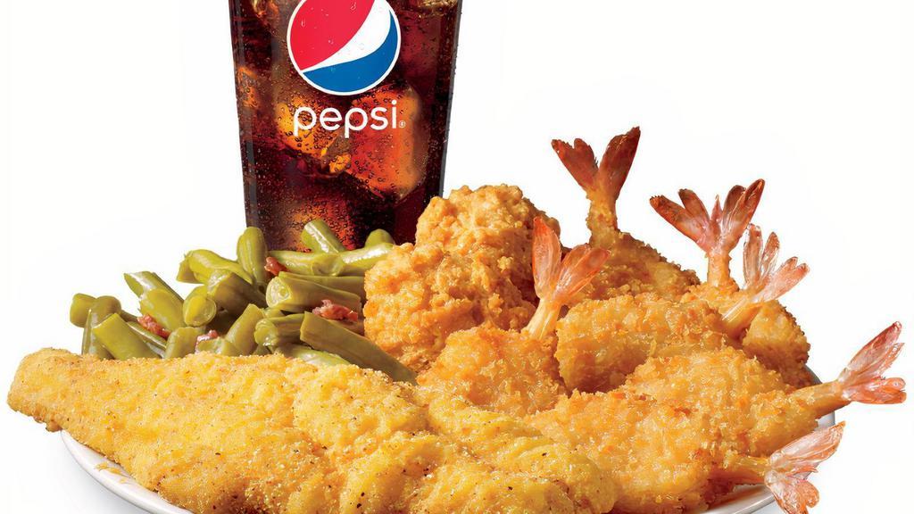 Catfish & Shrimp Combo · One piece of premium Catfish hand-breaded with our Southern-Style breading, fried to gold'n perfection and served with six pieces of our crispy Butterfly shrimp, your choice of one side, hush puppies and a refreshing beverage.