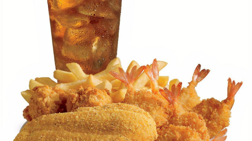 Flounder & Shrimp Combo · One piece of delicate Flounder hand-breaded with our Southern Style breading, fried to gold'n perfection and served with six pieces of our crispy Butterfly shrimp, your choice of one side, hush puppies and a refreshing beverage.