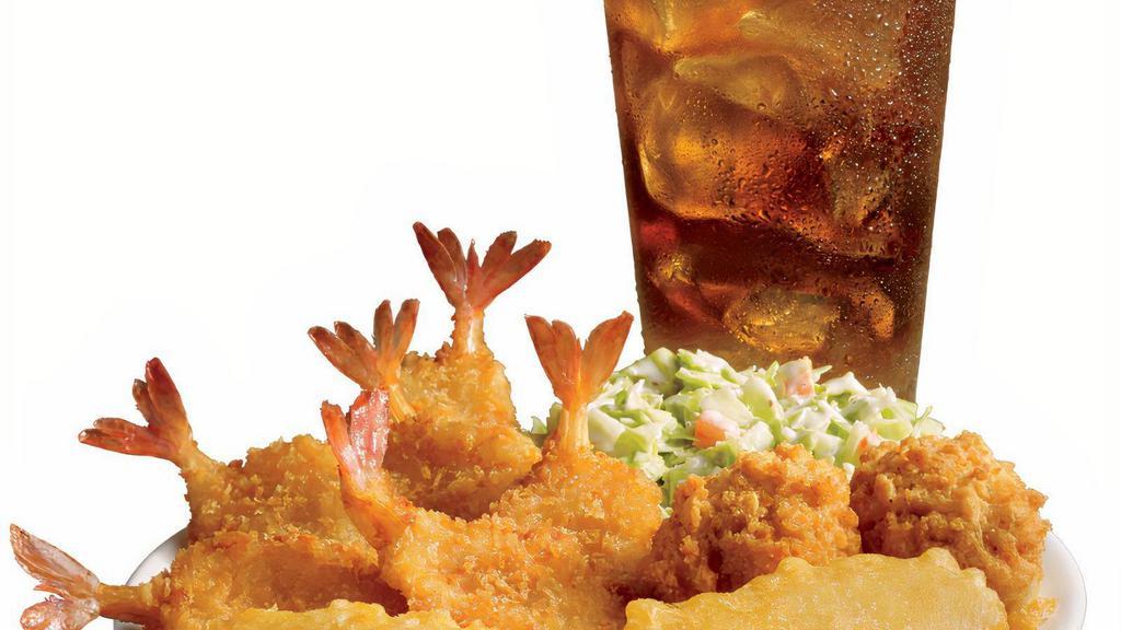Fish & Shrimp Combo · One piece of our Signature Batter Dipped Fish paired with six pieces of our crispy Butterfly shrimp served with your choice of one side, hush puppies and a refreshing beverage.