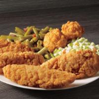 4 Piece Chicken Meal · Four crispy breaded chicken tenders with your choice of two sides and hush puppies. Perfect ...
