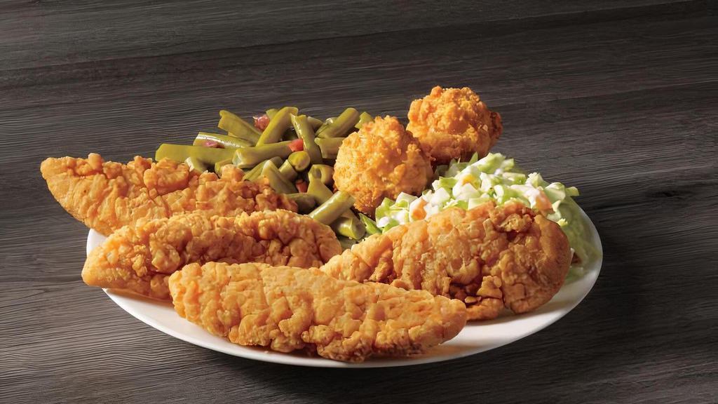 4 Piece Chicken Meal · Four crispy breaded chicken tenders with your choice of two sides and hush puppies. Perfect for dipping in D’s delicious honey mustard!