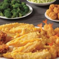 Seafood Feast · Twelve pieces of our famous batter dipped fish, twelve crispy butterfly shrimp, three seafoo...