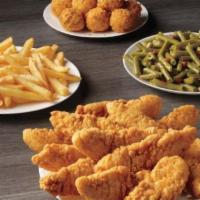 14 Piece Chicken Family Meal · Fourteen of our breaded chicken tenders with eight hush puppies and your choice of two famil...