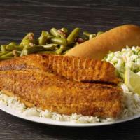 Grilled Tilapia Meal · Kick up the flavor with seasoned tilapia served on a bed of rice with your choice of two sid...