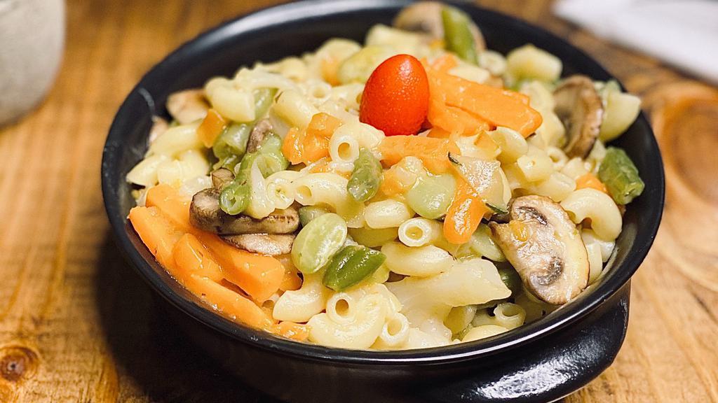 Mac & Veggies · Elbow, eggplant, zucchini, yellow squash, carrot, mushrooms with veggies sauce.