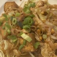Pad Thai · Stir fried rice noodles with eggs, bean sprouts, ground peanuts and scallions.