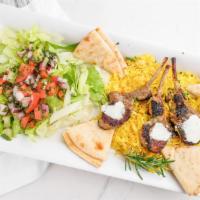 Lamb Chops Platter · Three pieces of lamb chops seasoned with special Mediterranean spices & slowly charbroiled t...