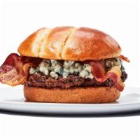 Bacon & Bleu Burger · Two 4oz Patties topped with sizzling bacon and bleu cheese crumbles. Includes choice of fries.