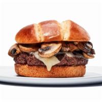 Mushroom Swiss Burger · The name says it all - Two 4oz Patties topped with  sauteed mushrooms and melted Swiss chees...