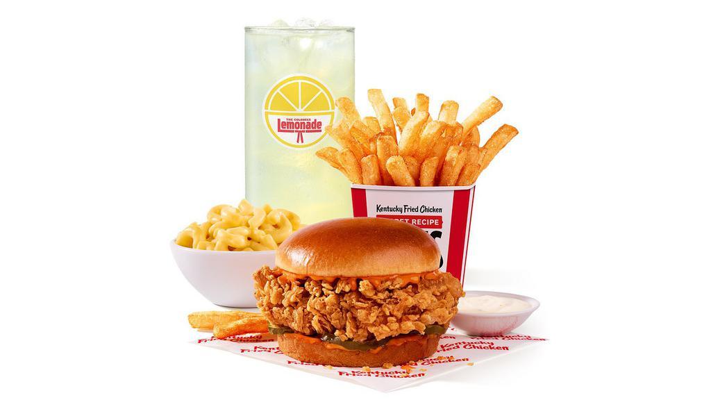 Jack Harlow'S Meal - Spicy · Jack Harlow's Meal combines some of Jack's favorite KFC items - a spicy chicken sandwich, 2 sides of your choice, a dipping sauce of your choice, and medium drink of your choice. (1350 cal.)
