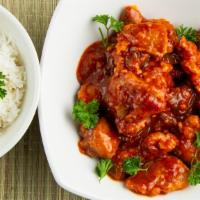 Chicken Chili · Chicken chunks tossed with spices, soy sauce and chili sauce.