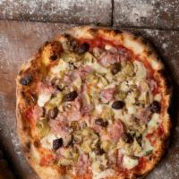 Capricciosa Pizza
 · Hand crush tomato, mozzarella, ham, mushrooms, black olive, artichokes, fresh basil, and Evoo.
