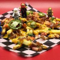 Loaded Fries · covered in liquid gold, bacon, scallion, tomato,. pickled green chilis