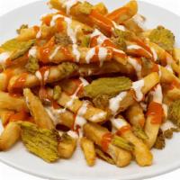 Buffalo Ranch · Fries or Tots topped with buffalo sauce, ranch, & crispy jalapenos