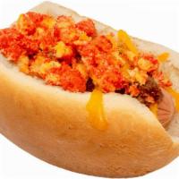 Chili Cheeto Dogs · 3 Little dogs topped with Chili, Cheddar cheese, Flamin Hot Cheetos