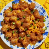 Country Tots · Make 'em country-fied with brown gravy, shredded cheddar & green onions.