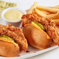 Kids Chicken Tender Sliders · Two Chicken Tenders stuffed in our rolls with pickles, American cheese, and your choice of h...