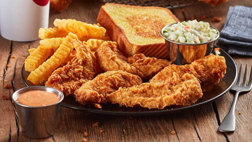 Chicken Finger Plate - 6 Fingers · Chicken Fingerz™, Crinkle Fries, Texas Toast, Cole Slaw, Zax Sauce®, and a small sized Coca-Cola Freestyle® drink, over 100 refreshing choices available in-store - hey, when you're good, you're good. (1570-1950 Cal)