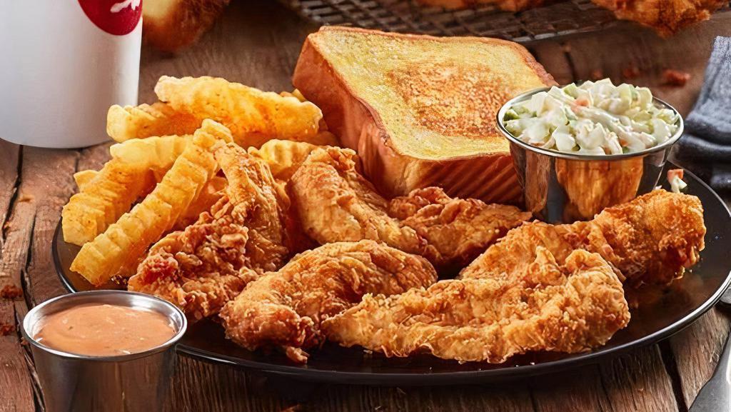 Chicken Finger Plate - Buffalo 5 Fingers · Buffalo Chicken Fingerz™, Crinkle Fries, Texas Toast, Cole Slaw, Ranch Sauce, and a small sized Coca-Cola Freestyle® drink, over 100 refreshing choices available in-store - hey, when you're good, you're good. (1320-1780 Cal)