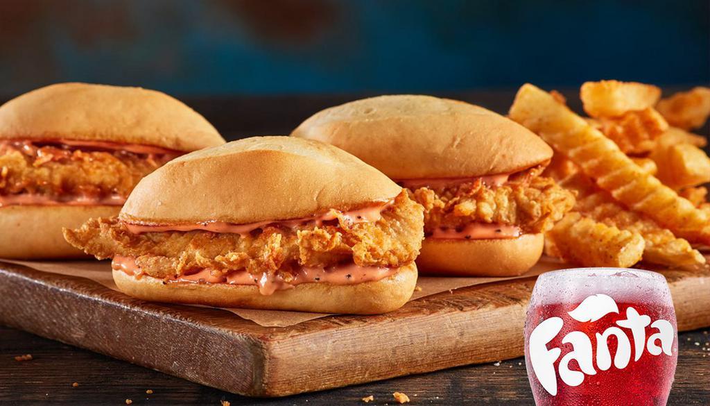 3 Nibblerz® Sandwich · Delicious and downright adorable. Three snack-sized Nibblerz®, served with Crinkle Fries and a small sized Coca-Cola Freestyle® drink, over 100 refreshing choices available in-store. (1280-1630 Cal)