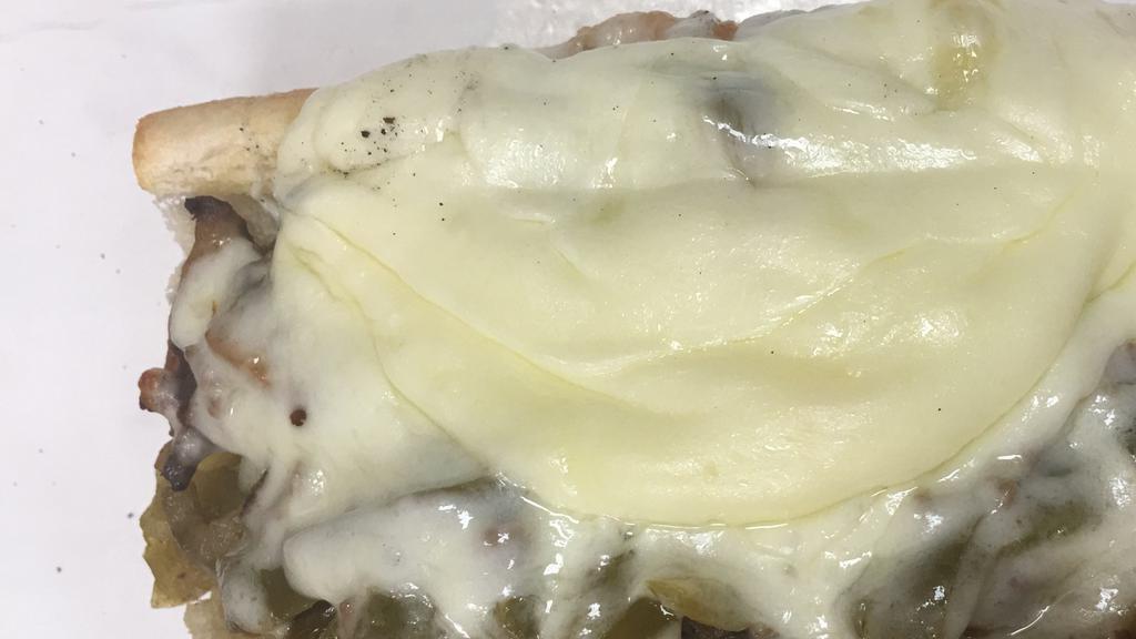 Philly Cheese Steak Sub · With sauteed mushrooms, onions, peppers, cheese, and mayonnaise.
