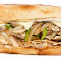 Chicken Philly Sandwich · With provolone, grilled onions, mushrooms and green peppers and house made herb mayo on a ho...