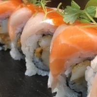 Mika Roll · Salmon, tuna, white fish, avocado, and cream cheese inside for roll fried eel sauce and hot ...