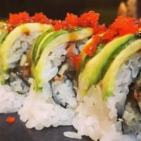 Dragon Roll · BBQ eel and cucumber topped with avocado, eel sauce, and masago.