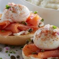Smoked Salmon Benedict · Toasted bagel, cream cheese, smoked salmon and poached eggs, topped with red onions, capers ...
