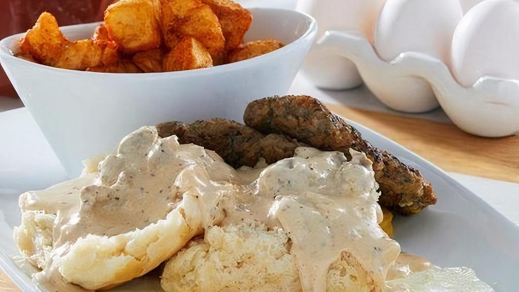 Biscuit & Gravy · House-recipe country sausage over an over-sized biscuit, two eggs any style, and two house-made sausage patties.