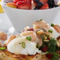 Skinny Shrimp Benedict · Poached eggs on grilled focaccia with sautéed mushrooms, roasted peppers, onions and arugula...