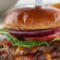 Classic Bacon Burger - Gluten Friendly · Two hand-pressed beef patties, baked bacon, Cheddar Jack cheese, lettuce, tomato and red oni...