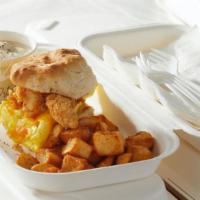 Chicken, Egg & Cheese Biscuit Brunch Box · Fried chicken tender and Cheddar Jack cheese omelette-style egg on an over-sized biscuit. Se...