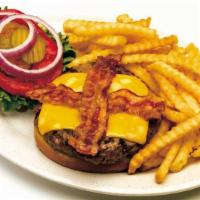 Woody’S Big Black Angus Bacon Cheddar Burger · Served with your choice of one creamy coleslaw, french fries, mashed potatoes and gravy, bak...