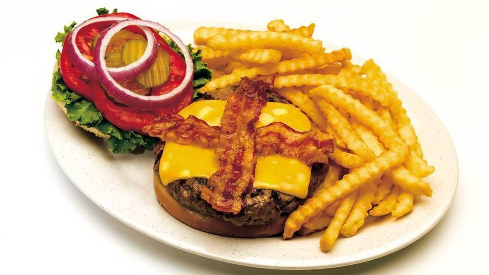 Woody’S Big Black Angus Bacon Cheddar Burger · Served with your choice of one creamy coleslaw, french fries, mashed potatoes and gravy, baked or sweet potato, and bbq beans or country vegetables.