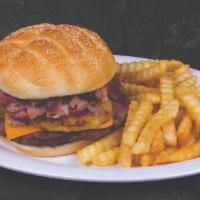 Hawaiian Burger · Burger topped with grilled pineapple, diced bbq pork, cheddar cheese, and our sweet sauce. S...
