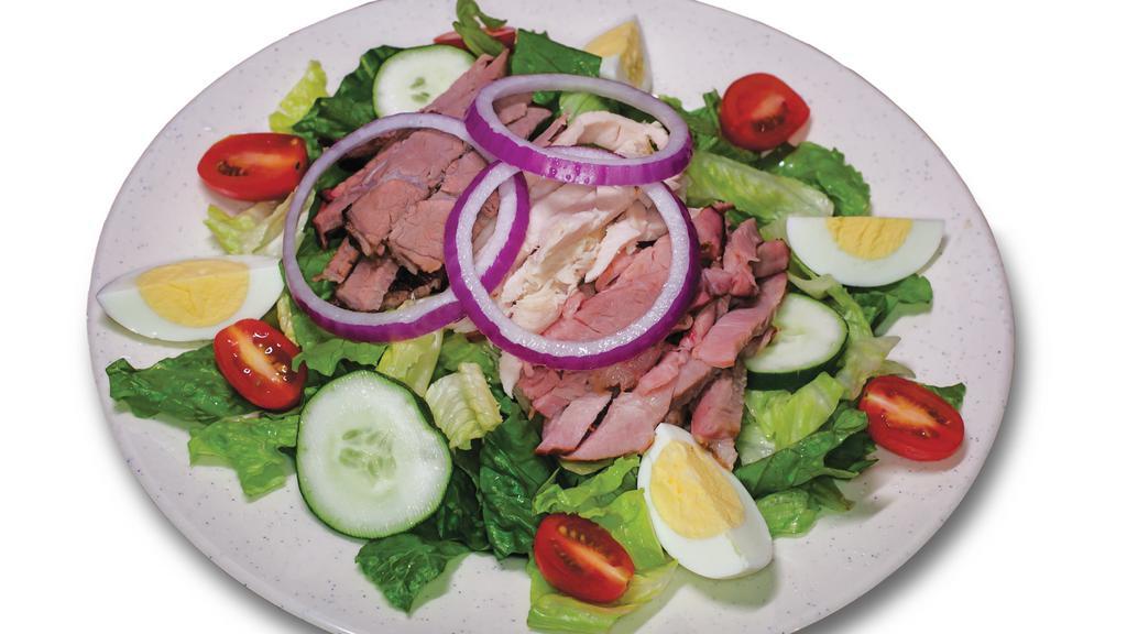 3 Meat Salad · Hearty meets healthy in this meat lovers salad featuring a bed of cool, crisp lettuce, tomato, cheddar-jack cheese, cucumber, egg and slices of red onion topped with our famous Ber-B-Q pork, beef AND smokey turkey breast