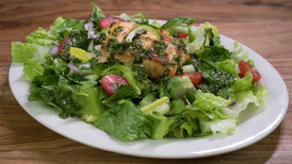 Salmon Salad · Take just one bite and you'll be hooked! Enjoy our splendidly seasoned salmon atop a bed of fresh romaine, tomato and cucumber topped with a cilantro lime and vinaigrette