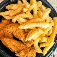 2 Pc Chicken Strip Snack Or 2 Pc Fish Snack · Try our chicken tender snack, a juicy all white meat, seasoned to perfection with Fries.