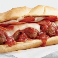 Meatball Sub · Five meatballs made with beef and pork topped with savory marinara, melted mozzarella, and p...