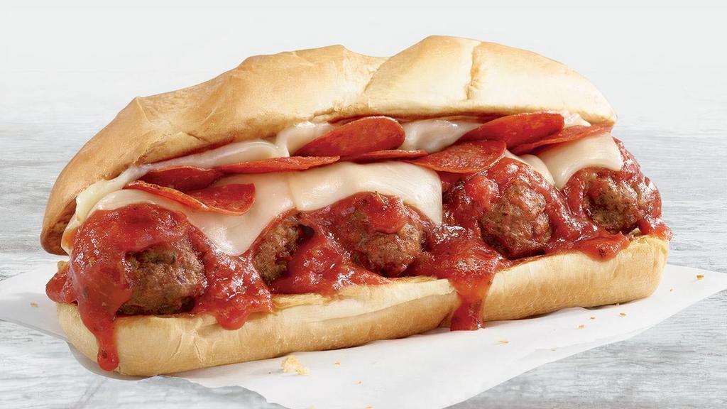 Meatball Sub · Five meatballs made with beef and pork topped with savory marinara, melted mozzarella, and pepperoni served on an 8-inch garlic-toasted sub roll.