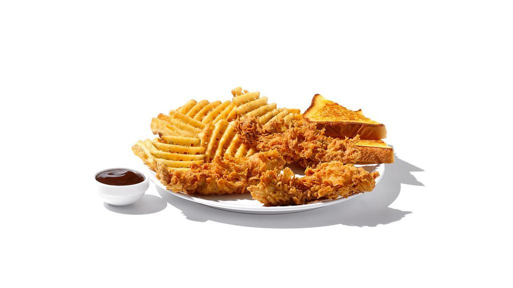 5Pc Tenders & Fries · Hand-battered and breaded tenders with choice of sauce/dry rub for dipping, fries.