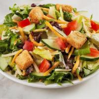 Kids Garden Salad · Crisp cucumbers, tomatoes, cheese and croutons over fresh greens with your choice of dressin...