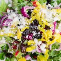 Greek Salad · Mixed greens, red onions, black olives, banana peppers, roma tomatoes, feta cheese, and Gree...