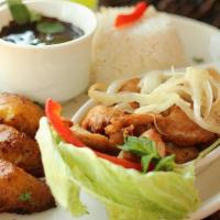 Chicken Chunks · Boneless chunks of breast marinated and deep fried, topped with sauteed onions. Served with ...