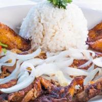 Grilled Shredded Chicken · Served with white rice, black beans and sweet plantains.