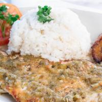 Chicken Chimichurri · Grilled chicken fillet covered with an exquisite chimichurri sauce. Served with white rice, ...